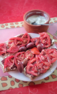 Close-up of strawberries in plate on table