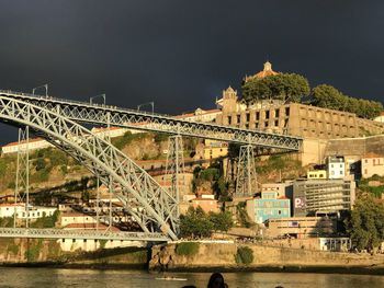 Arch bridge over river against buildings in city