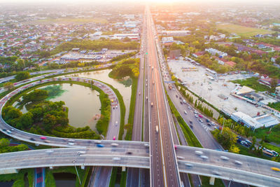 High angle view of road amidst buildings in city