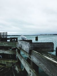 Close-up of wooden post by sea against sky