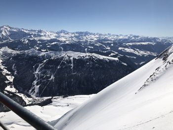 Scenic view of snowcapped mountains against clear sky