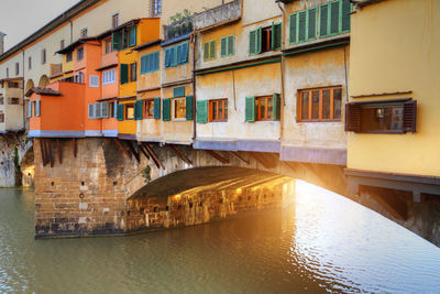 Buildings by river in city