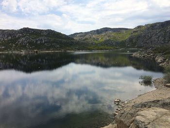 Scenic view of lake with mountains in background