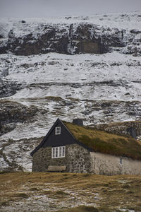 House on snow covered field