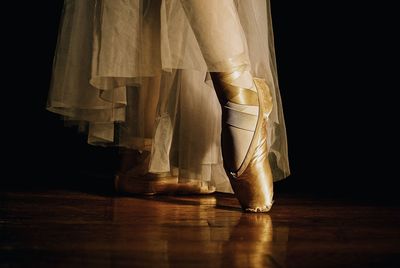 Low section of person standing on hardwood floor