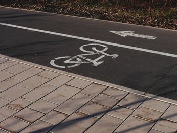 High angle view of bicycle lane on a street road