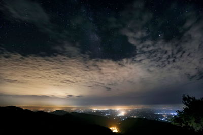 Scenic view of silhouette mountain against sky at night