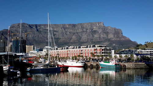 Boats moored at harbor against clear sky