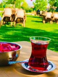 Close-up of tea in glass on table