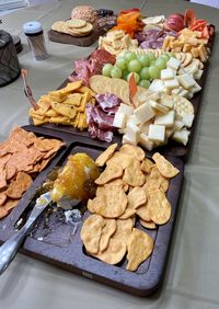 High angle view of chopped vegetables on table