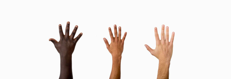 Cropped hands of people against white background