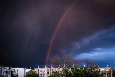 Rainbow over city against cloudy sky