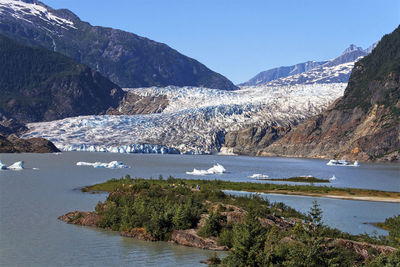 Scenic view of lake and mountains against clear sky