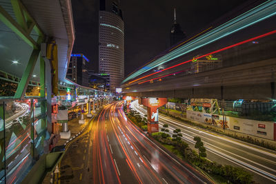 Light trails on road at night