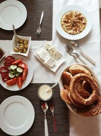 High angle view of breakfast served on table