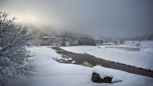 Scenic view of snow covered field against sky