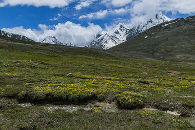 Scenic view of snowcapped mountains against sky