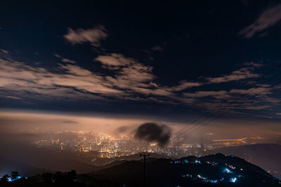 High angle view of illuminated buildings against sky during sunset