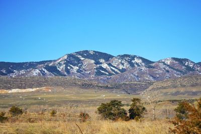 Scenic view of mountains against clear blue sky