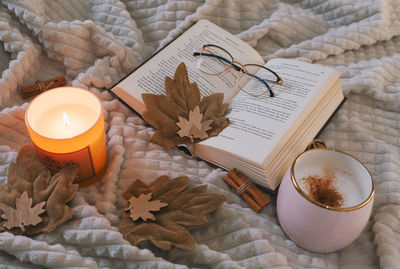 Christmas decorations with lights, hot drink, fruits and a good book