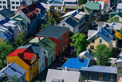 High angle view of residential buildings in city