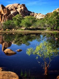 Scenic view of lake against blue sky