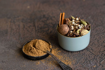 High angle view of various food on table