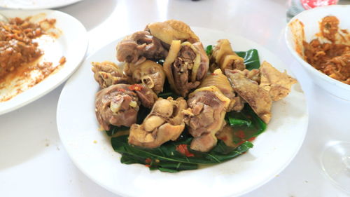 High angle view of food in plate on table