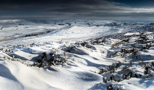 Aerial view of snow covered landscape against sky