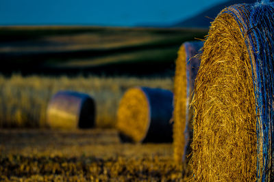 Hay bales on field against blue sky