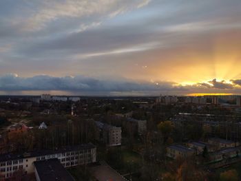 High angle view of townscape against sky at sunset