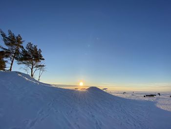 Scenic view of snow covered field against sky