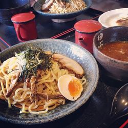 Close-up of food served on table