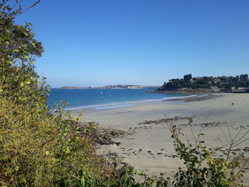 Scenic view of beach against clear blue sky