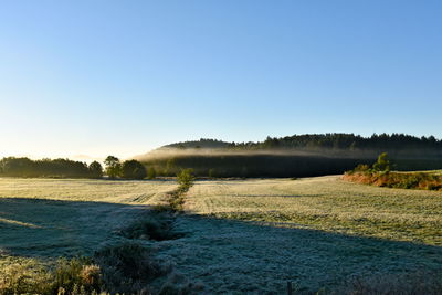 Countryside landscape against clear blue sky