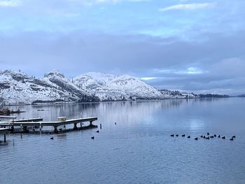 Scenic view of lake by snowcapped mountains against sky