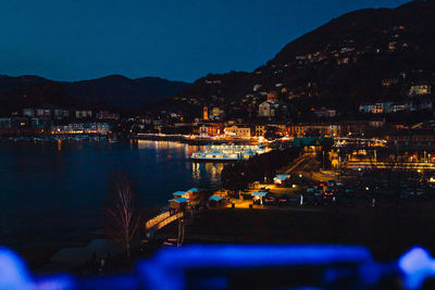 Aerial view of laveno on lake maggiore at night, blue hour