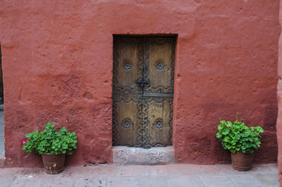 Closed wooden door of house