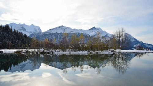 Scenic view of lake and snowcapped mountains against sky