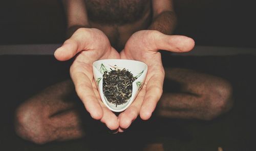 Midsection of shirtless man holding herbs in bowl