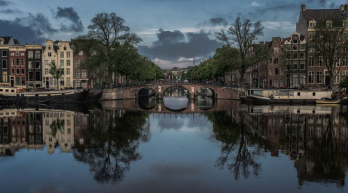 Reflection of bridge in water against sky