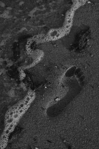 High angle view of footprints on sand at beach