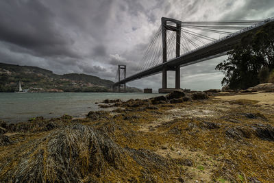 Suspension bridge over sea against sky