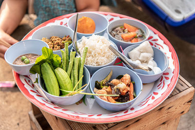 High angle view of salad in plate on table