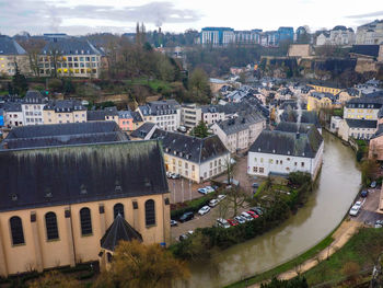 High angle view of buildings in city