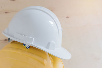 High angle view of hardhat on table 