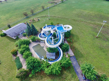 High angle view of people walking on field