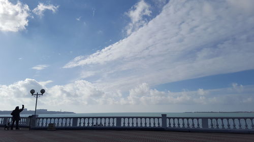 Rear view of man standing on walkway by sea