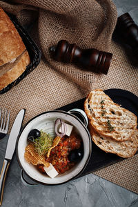 High angle view of food served on table