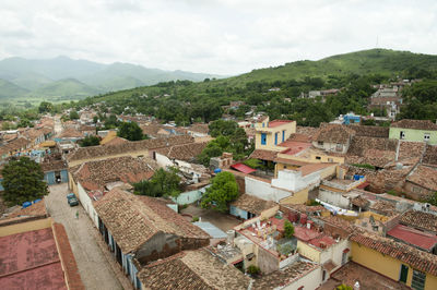 High angle view of town against sky